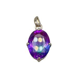 Sterling Silver 925 Pendant with Blue & Purple Glass Stone Oval Shape 1"